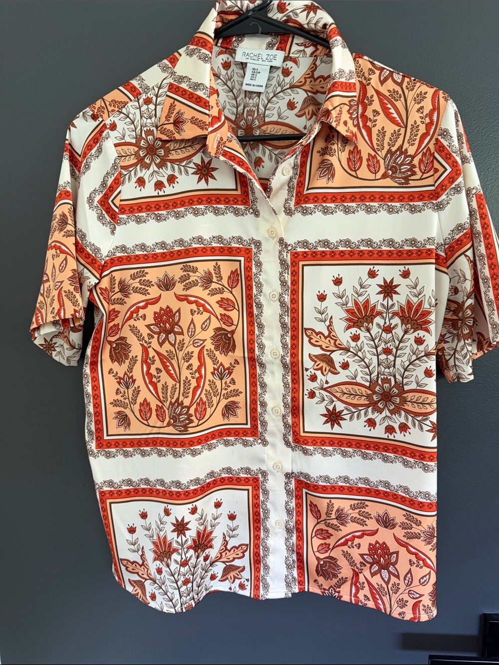 Rachel Zoe Scarf Print Short Sleeve Button Down Blouse - Size Small / S